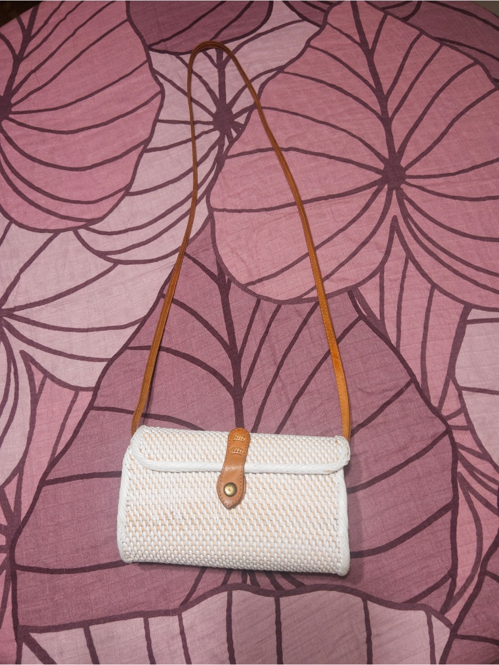 Neutral Cream Woven Crossbody with Tan Strap